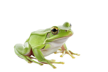 Close-up Image of a Green Frog on a White Background - obrazy, fototapety, plakaty