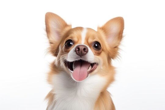 Happily dog for a portrait in a studio, showcasing its cute white fur.