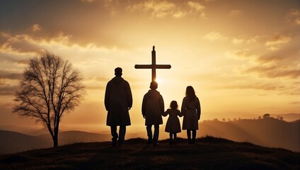 Silhouette of a family looking for the cross of Jesus Christ against the background of an autumn sunrise. Easter Sunday concept. AI generated - obrazy, fototapety, plakaty