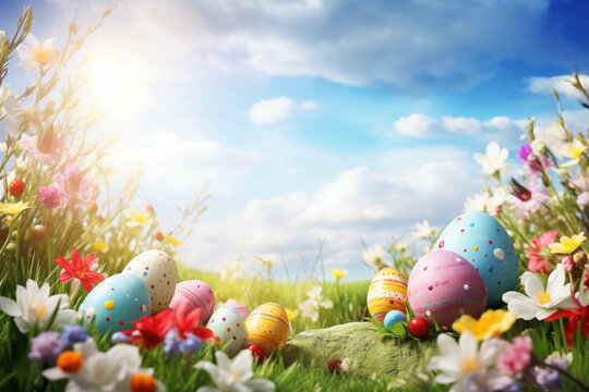 Easter background with painted eggs, grass and bright sky. With space for text.