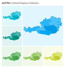 Austria map collection. Country shape with colored regions. Light Blue, Cyan, Teal, Green, Light Green, Lime color palettes. Border of Austria with provinces for your infographic. Vector illustration.