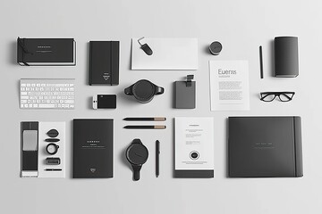 Premium corporate branding identity template set in plain background. Business mock-up with blank logo. Set of envelopes, tumbler, laptop, cards, folders, etc.