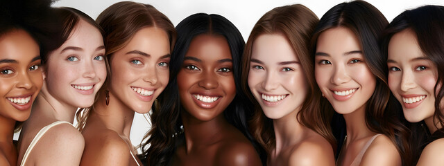 Obraz premium A diverse group of women multi-ethnic standing together smiling portrait in studio banner.