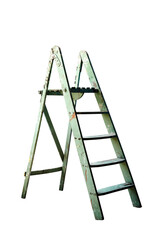 Grungy green Wooden stepladder isolated on white