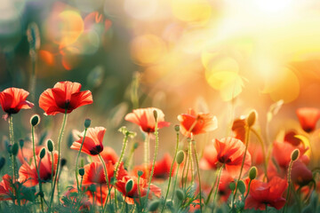 Beautiful meadow with red poppy flowers in the sunlight