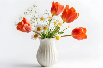 Flowers Bouquet in White Vase Isolated on White Background