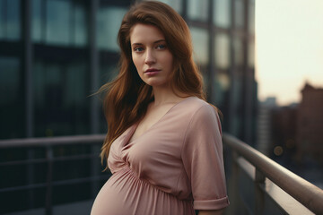 Generative ai picture of charming attractive happy woman pregnant girl isolated on cityscape background