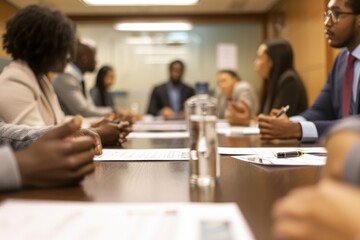 a diverse panel of interviewers discussing and evaluating resumes during a hiring committee meeting, with a conference room setting and documents spread across the table - obrazy, fototapety, plakaty