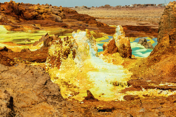 Colorful abstract apocalyptic landscape like moonscape of Dallol Lake in Crater of Dallol Volcano,...