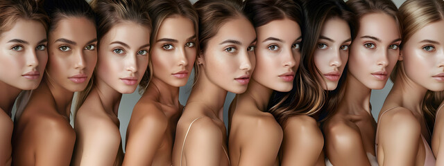 A diverse group of women multi-ethnic with different hairstyles and skin tones pose together in a studio setting