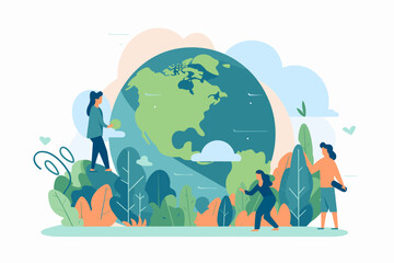 People take care about planet ecology. Cleaning, green planting and watering. Protect Nature And Ecology banner. Happy Earth Day modern graphic design poster. People color creative vector illustration
