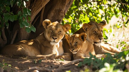 Lioness with her cubs resting and taking shelter under a tree, dry savanna background