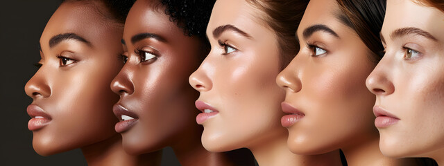 A diverse group of women multi-ethnic with different hairstyles and skin tones pose together in a studio setting