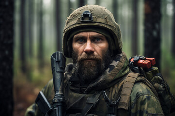 Fototapeta premium AI generated portrait of confident fully equipped soldier in combat gear in forest