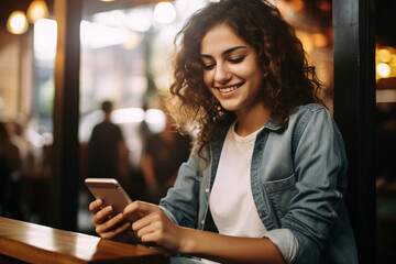 Generative AI photo of young beautiful woman sitting in cafe