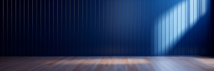 empty room with blue wall , wooden floor and spotlight,dark blue corrugated wall background with shadow sunlight. A bright blue room with a warm wooden floor and modern vertical blinds.. banner design