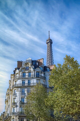 Paris, Haussmann facade and the Eiffel Tower .