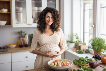 Obraz na płótnie Canvas Beautiful pregnant woman enjoying her pregnancy anticipating child born Generative AI image