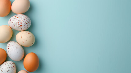 Festively decorated chicken eggs on light blue background, flat lay with space for text. Happy Easter