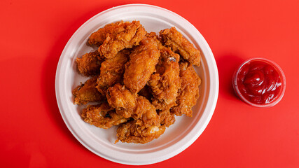 Fried chicken wings and ketchup top view isolated