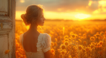 Beautiful young blonde European woman in a pretty white dress enjoying the sunset in a wheat field. Can be used as book cover, blog image, postcard