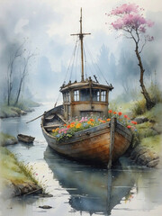 boat on the river with flowers