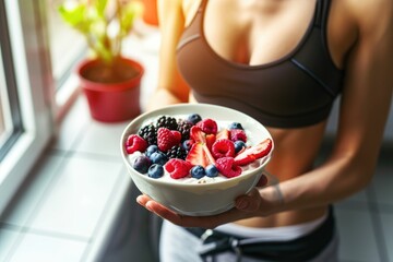 A fitness enthusiast enjoying a post-workout snack of Greek yogurt and berries in a modern kitchen