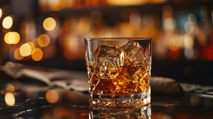 Close-up of a glass of whiskey with ice on a bar counter, with bottles in the soft-focus background.