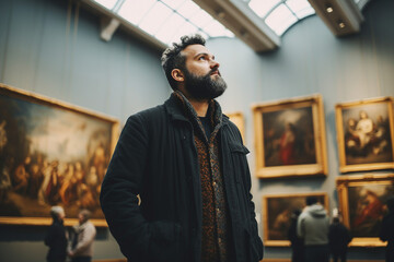 Obraz premium Generative AI image of a man admiring a painting in a museum