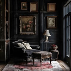 interior of a room, black Background, bold and dramatic, this dark setting adds depth and contrast to any design.