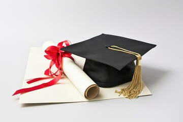 A graduation cap placed on a blank diploma against a white background