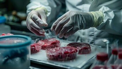 The concept of cultured meat is depicted in a laboratory setting, where a petri dish nurtures lab-grown meat, offering promising sustainable food solutions. AI Generative - obrazy, fototapety, plakaty