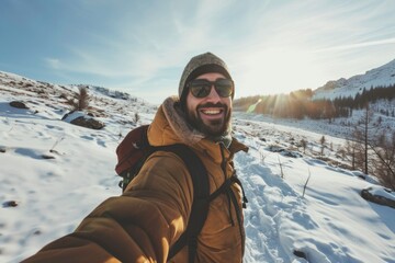 A man wearing a yellow jacket and a black backpack is smiling