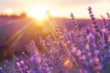 Naklejka premium Sunset Glow on Lavender Field