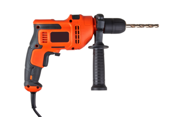 Orange electric drill with cable isolated on white