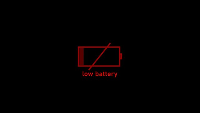 Simple animation of a low battery indicator on a black screen background. Flat design low battery moving image. 4K video."