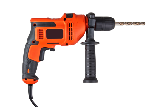 Orange electric drill with cable isolated on white