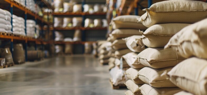 Close-up of a warehouse with rice or sugar bags in a warehouse