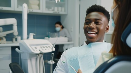 Obraz premium African American dentist examining teeth of her female patient during appointment at dental clinic.