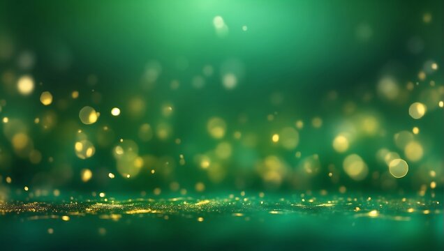 Abstract blurred bokeh banner background. Maybe gold on an out-of-focus emerald green background. AI generated