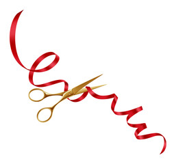 Golden Ribbon Cutting Ceremony. Shiny Gold Scissors Opening Festive Event