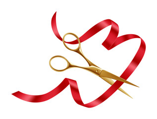 Elegant Golden Scissors. Red Ribbon Cutting Ceremony for Grand Opening