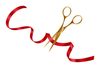 Festive Ribbon Cutting Ceremony. Golden Scissors for Grand Opening Event