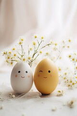 Cute handmade eggs with funny faces and spring flowers on white background. Happy Easter concept. Easter zero waste, eco friendly decoration. Creative concept for banner and greeting card