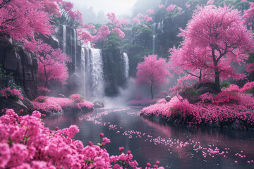 The water flowing from the waterfall becomes the murmur of the river, and the cherry blossoms bloom beautifully along the riverside. The concept of a magical paradise landscape with blooming flowers.