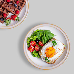 Healthy food assortment. Waffle, egg toast, buckwheat, meatballs