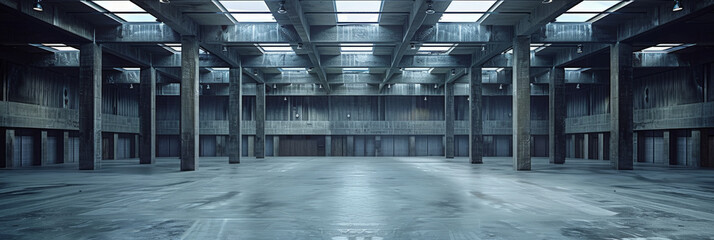 empty warehouse with steel beams and concrete columns, empty industrial room banner design - obrazy, fototapety, plakaty