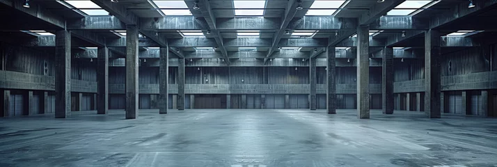 Fotobehang empty warehouse with steel beams and concrete columns, empty industrial room banner design © Planetz