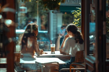 Side shot of two younge woman sitting in front of a coffee shop and drinking coffee during summer...