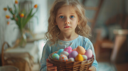 Fototapeta na wymiar portrait of beautiful Child holding basket filled with coloreful Easter eggs
